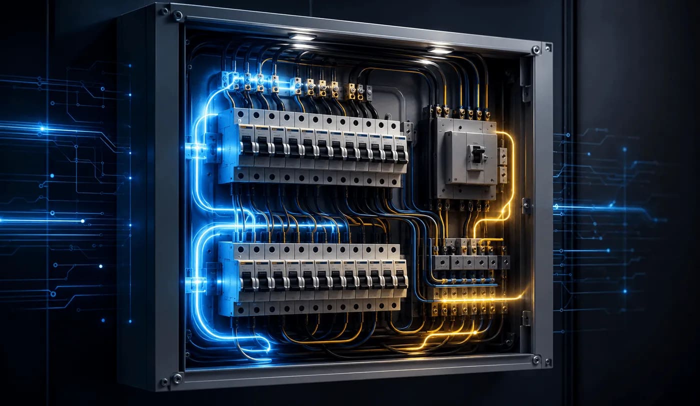 Quadro elétrico com circuitos energizados